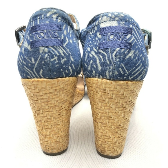 Tom's Chambray Denim Woven Straw Wedge Strappy - Picture 4 of 8